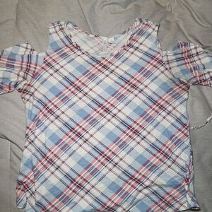 Cato Blue and Red Plaid Cold Shoulder Blouse